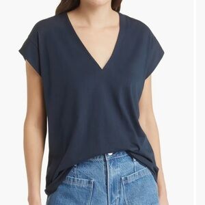 Frame Women’s Le Mid Rise V-Neck Pima Cotton T-Shirt Navy Blue Size L